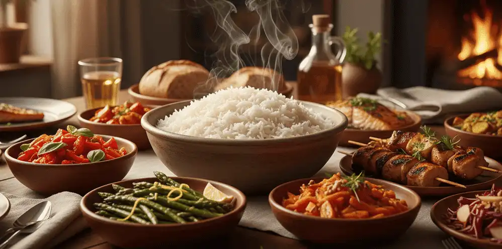 A family-style dining table with bowls of fluffy rice, steamed vegetables, and protein ready to serve