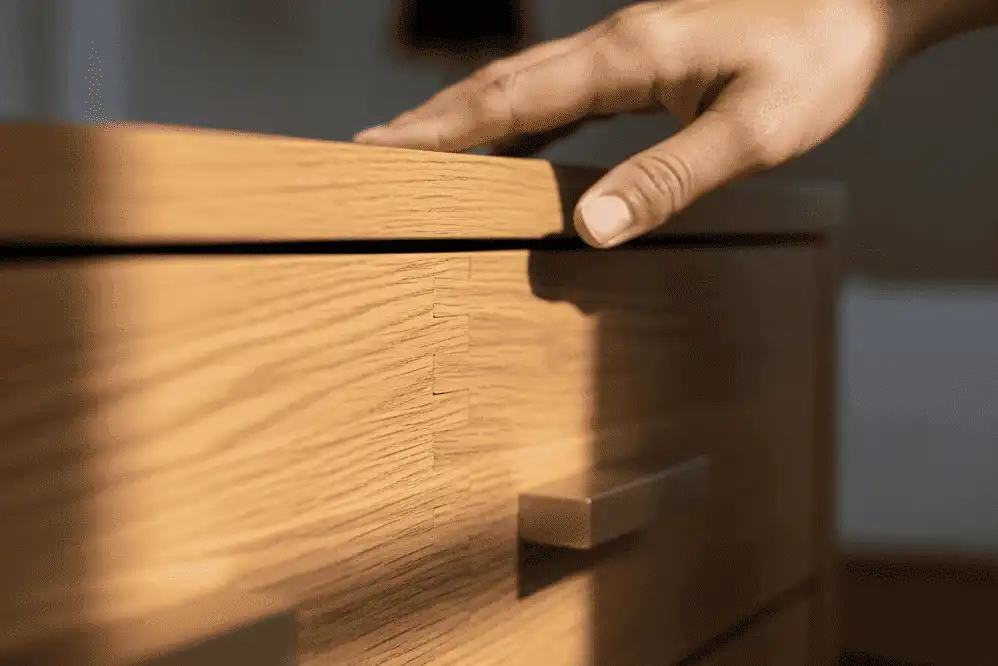 Close-up inspection of solid wood furniture joints and hardware