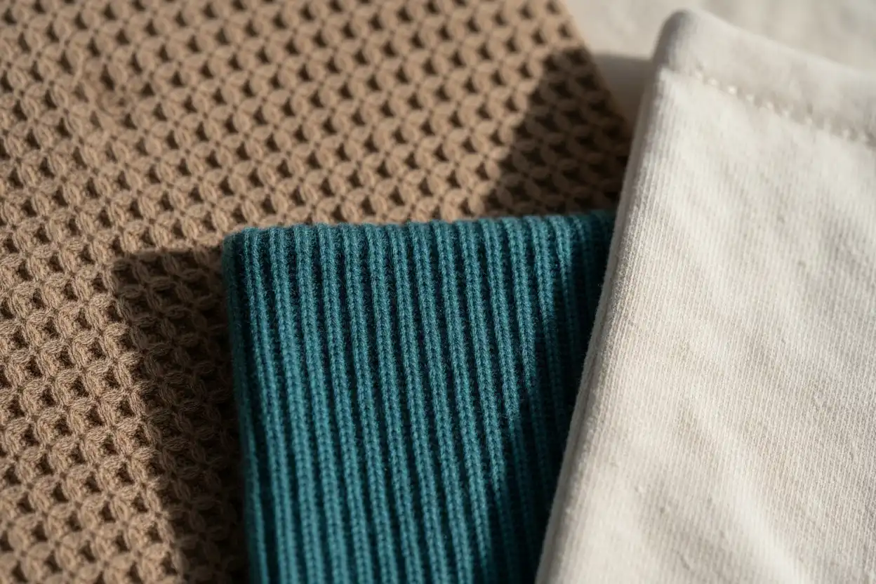 Close-up macro photograph comparing thermal waffle knit, 2x2 rib knit, and smooth slub cotton jersey