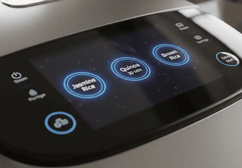 Close-up of the digital touchscreen control panel highlighting the 21 grain presets