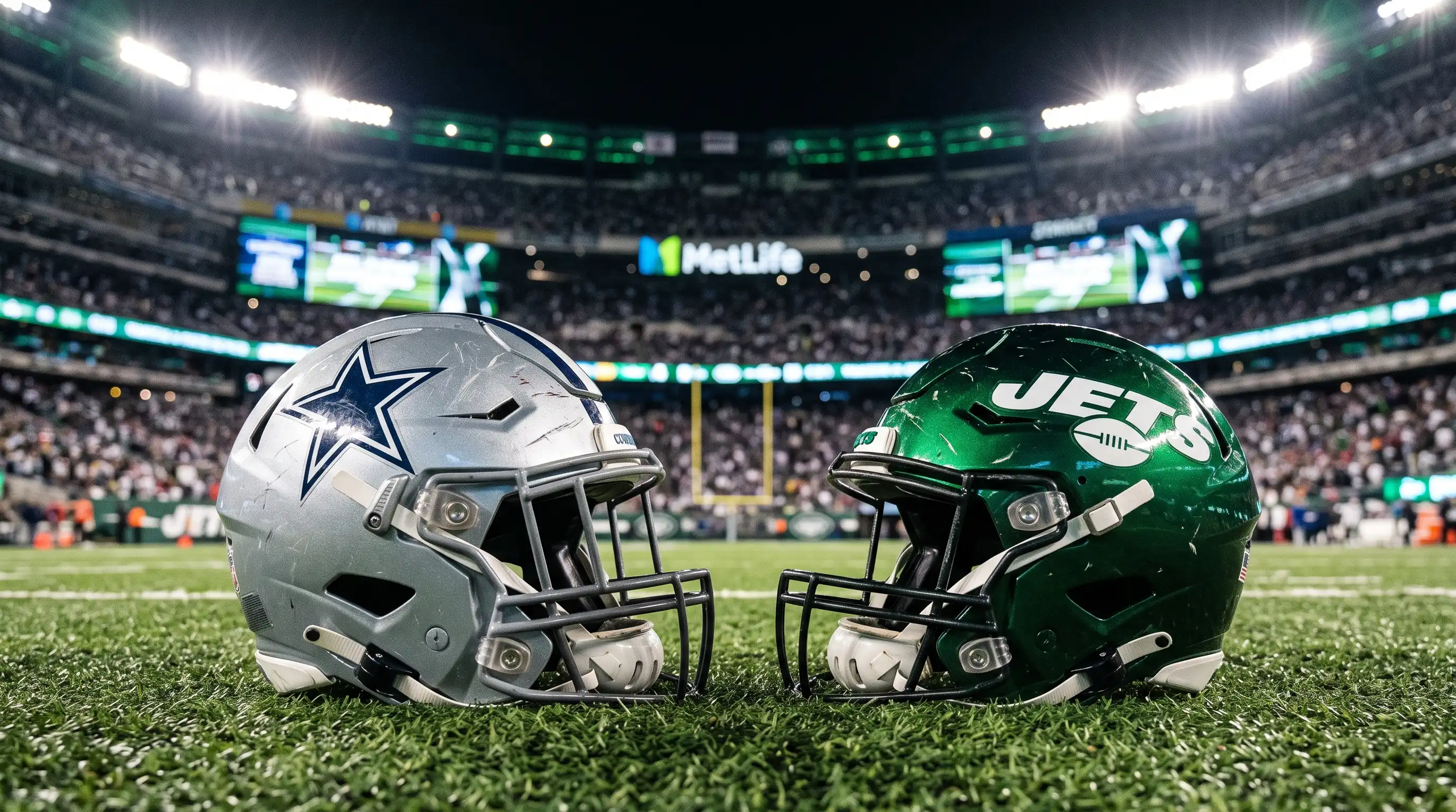 Dallas Cowboys and New York Jets helmets facing each other on a football field