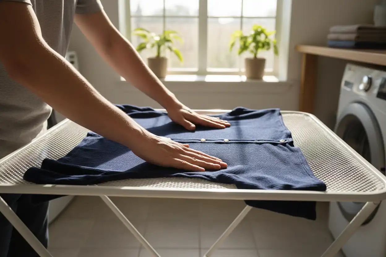 Demonstration of air drying a knit henley flat on a mesh drying rack to prevent stretching