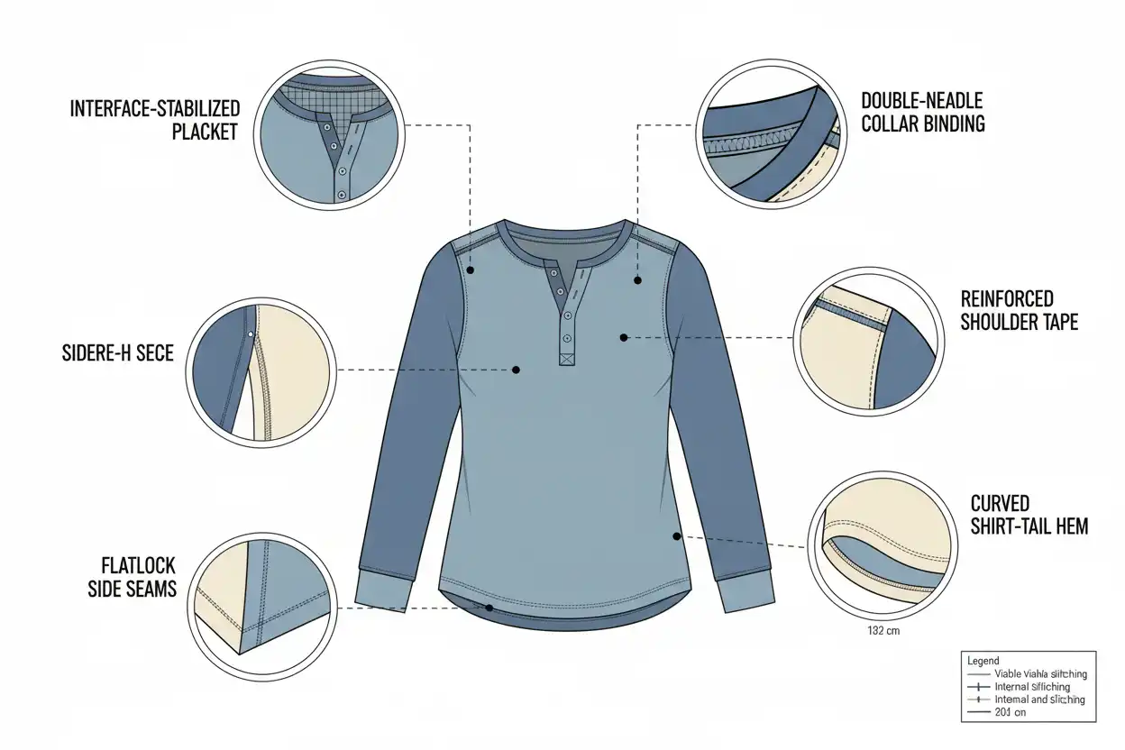 Diagram highlighting the placket, collar binding, stitch density, and hemline of a women's henley