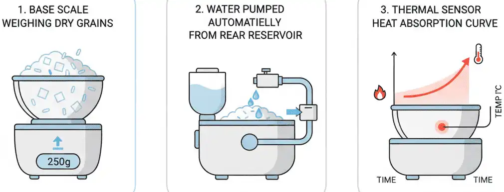 Diagram illustrating the automated weighing, water dispensing, and thermal curve of the KitchenAid Rice Cooker
