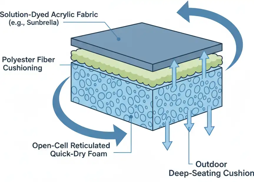 Diagram showing the layers of Tommy Bahama outdoor cushion construction, from solution-dyed acrylic to reticulated quick-dry foam