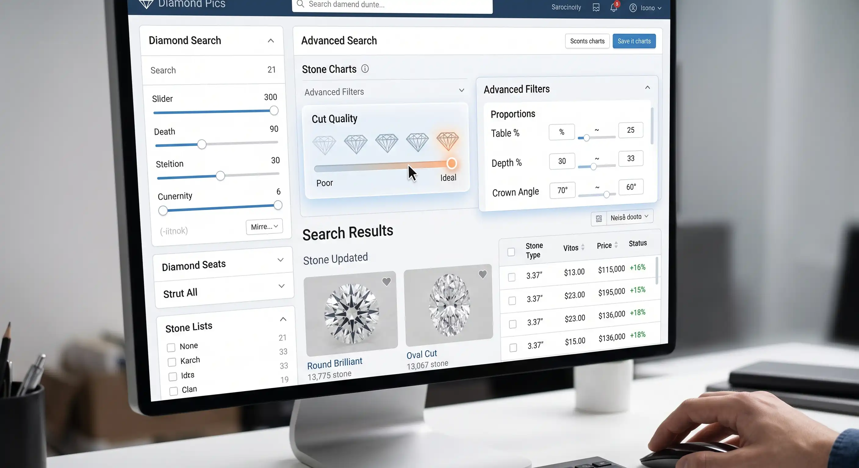 Interface display showing a user selecting cut quality and proportion parameters inside an online diamond search engine.