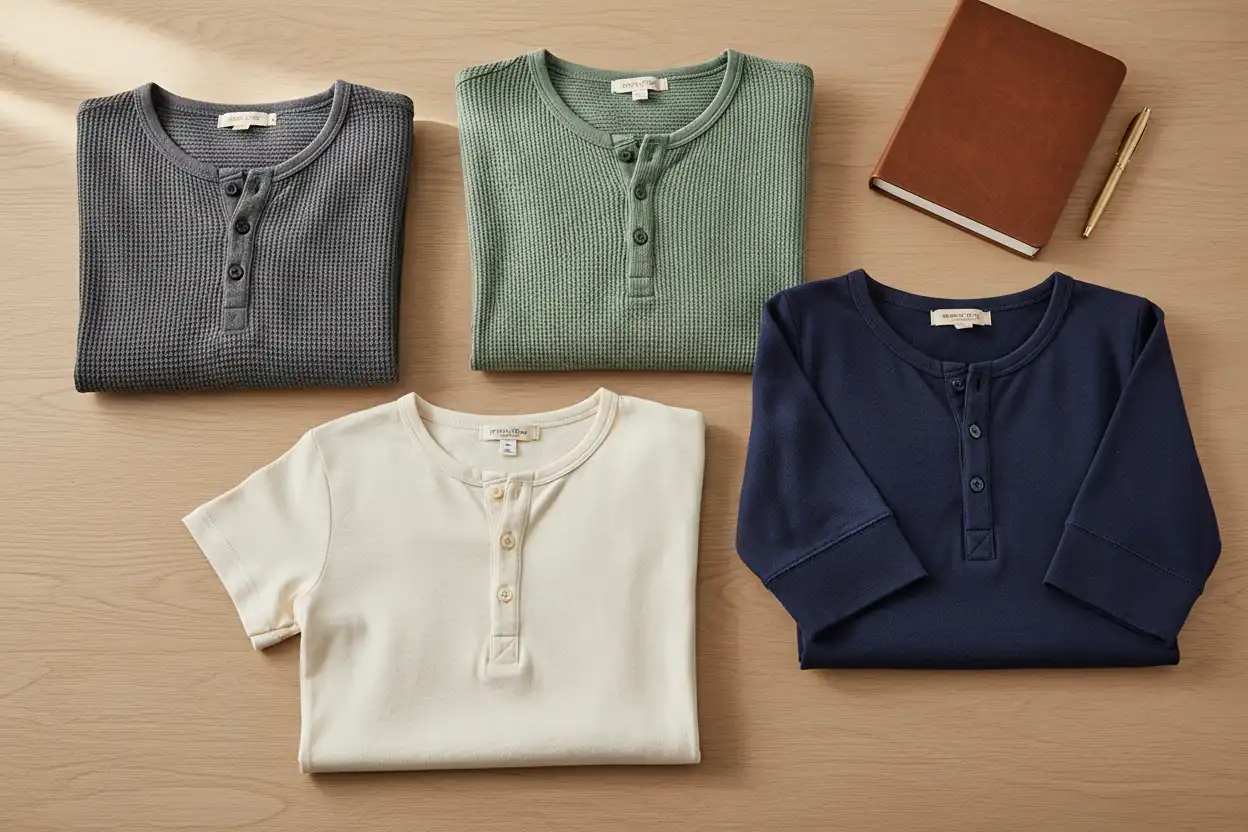 Flat-lay display of different women's henley styles showing waffle, rib-knit, and smooth cotton textures