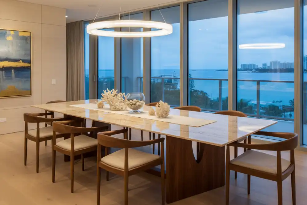 High-resolution styled photograph of the Ocean Club dining room table with travertine and walnut details