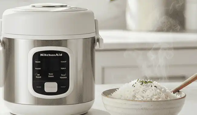 KitchenAid Grain and Rice Cooker sitting on a modern kitchen counter with prepared jasmine rice (1) (1)