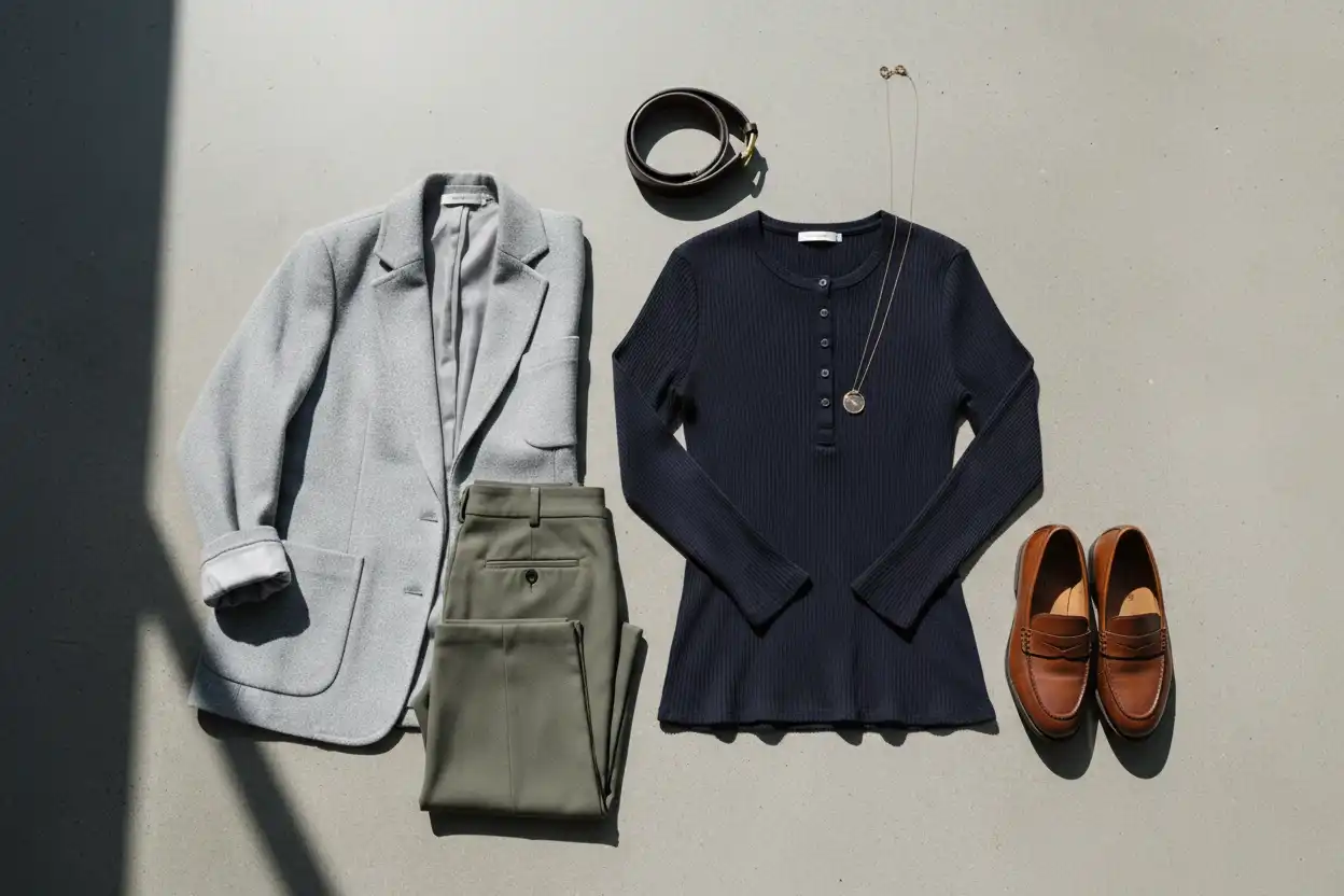 Lifestyle flat-lay of a smart-casual henley outfit paired with an unstructured blazer and loafers