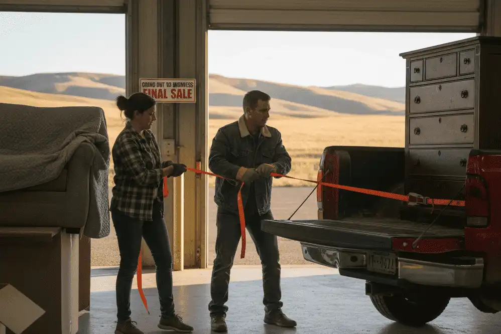 Loading and securing furniture safely in a pickup truck bed with ratchet straps