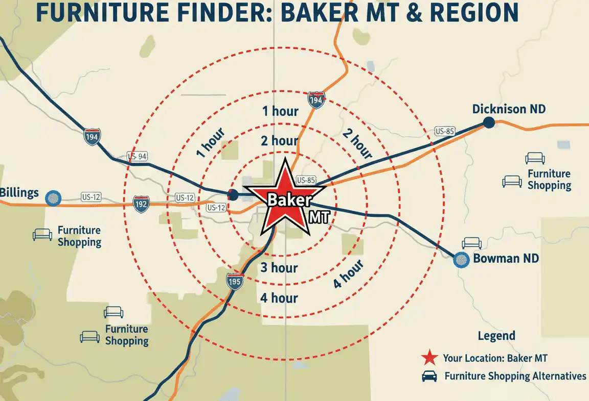 Map showing driving radius from Baker MT to Miles City, Glendive, Bowman, Dickinson, and Billings