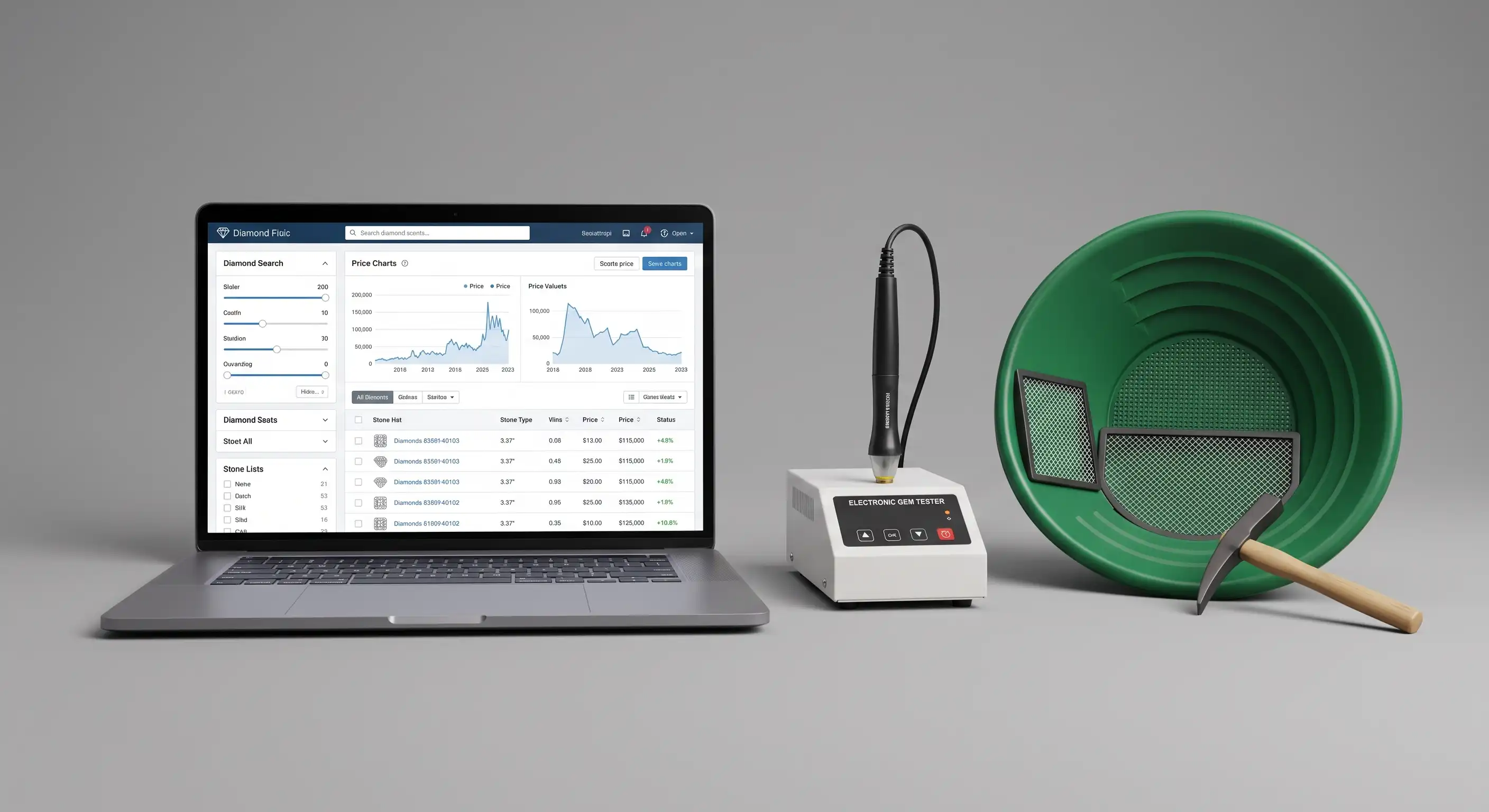 A side-by-side comparison illustrating a digital diamond search screen, an electronic gem tester, and alluvial panning equipment.