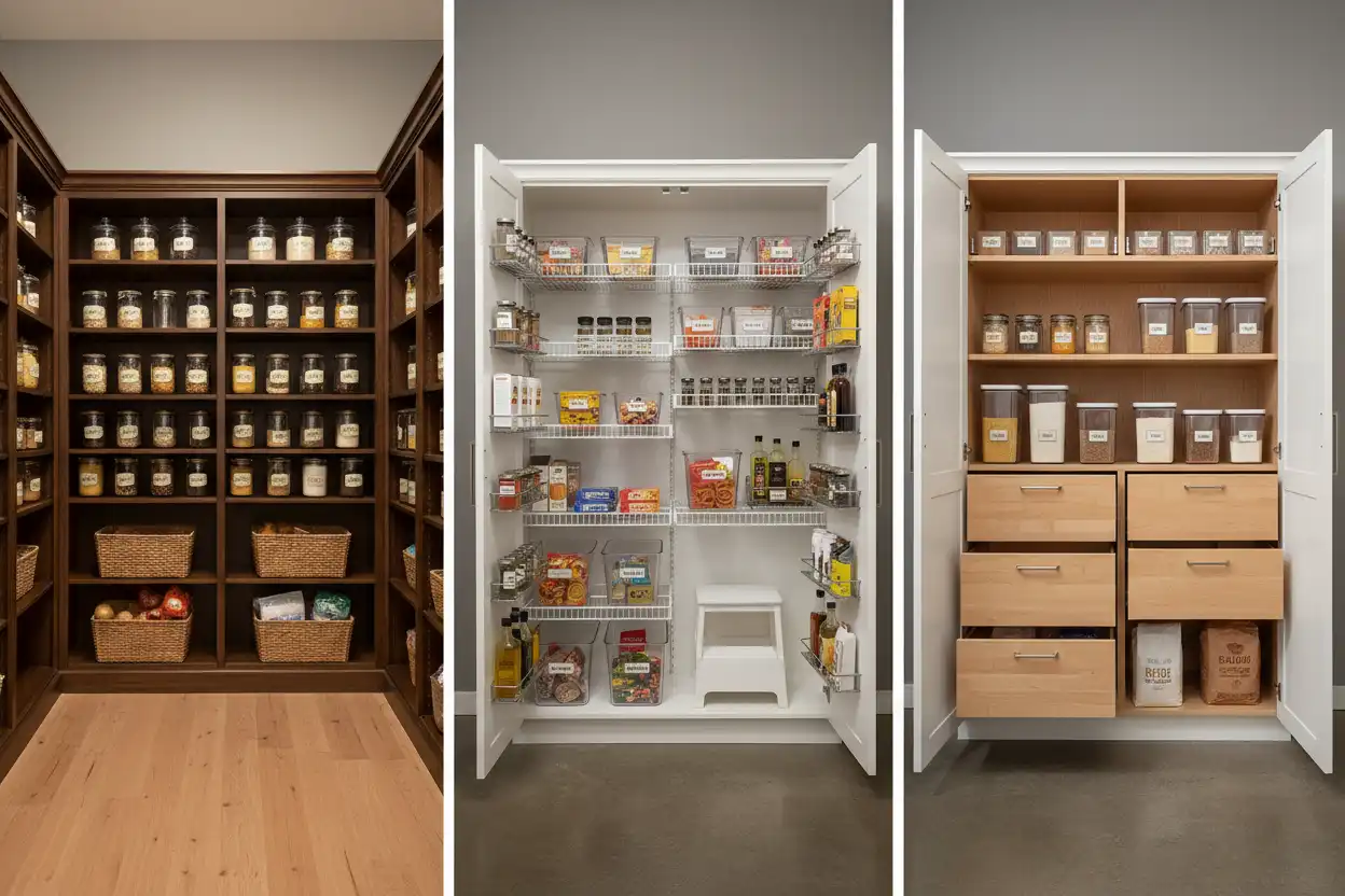 Side-by-side comparison of walk-in, reach-in, and pull-out pantry structures
