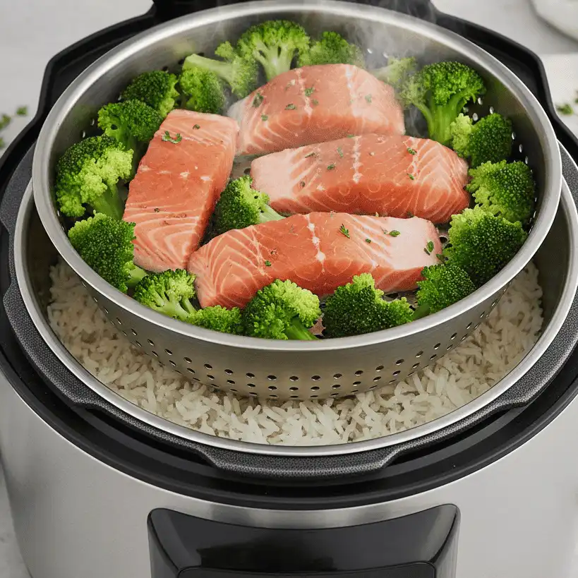 Steamer basket in action cooking salmon fillets and broccoli above a batch of white rice