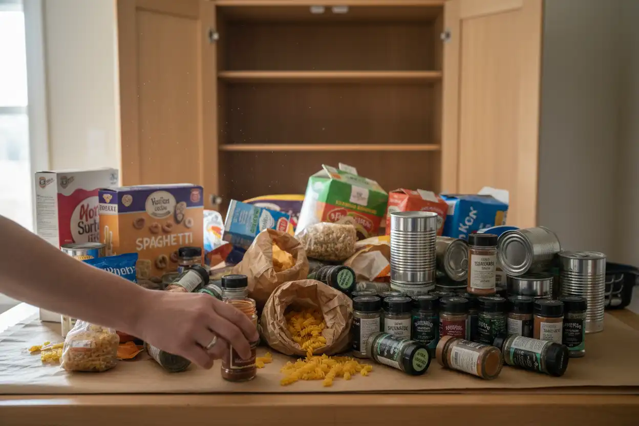Step 1 Emptying the pantry onto kitchen counters
