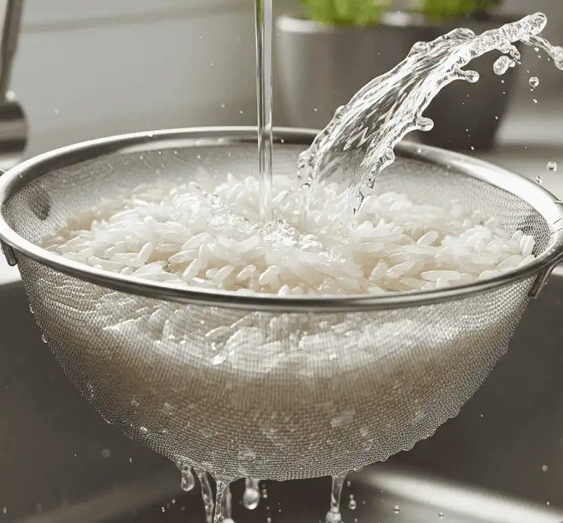 Step 1 - Rinsing dry rice in a fine-mesh strainer under cold running water