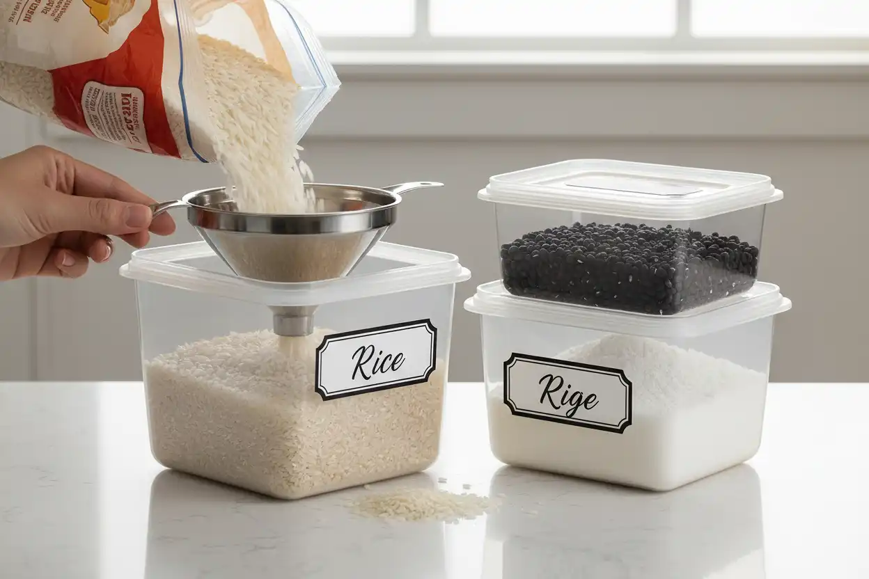 Step 5 Decanting dry goods into labeled clear containers