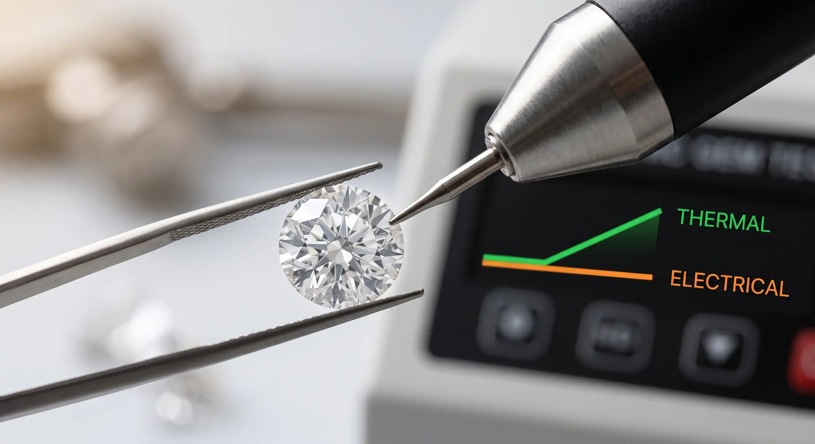 A close-up showing an electronic probe tip placed against a gemstone facet to test thermal conductivity.