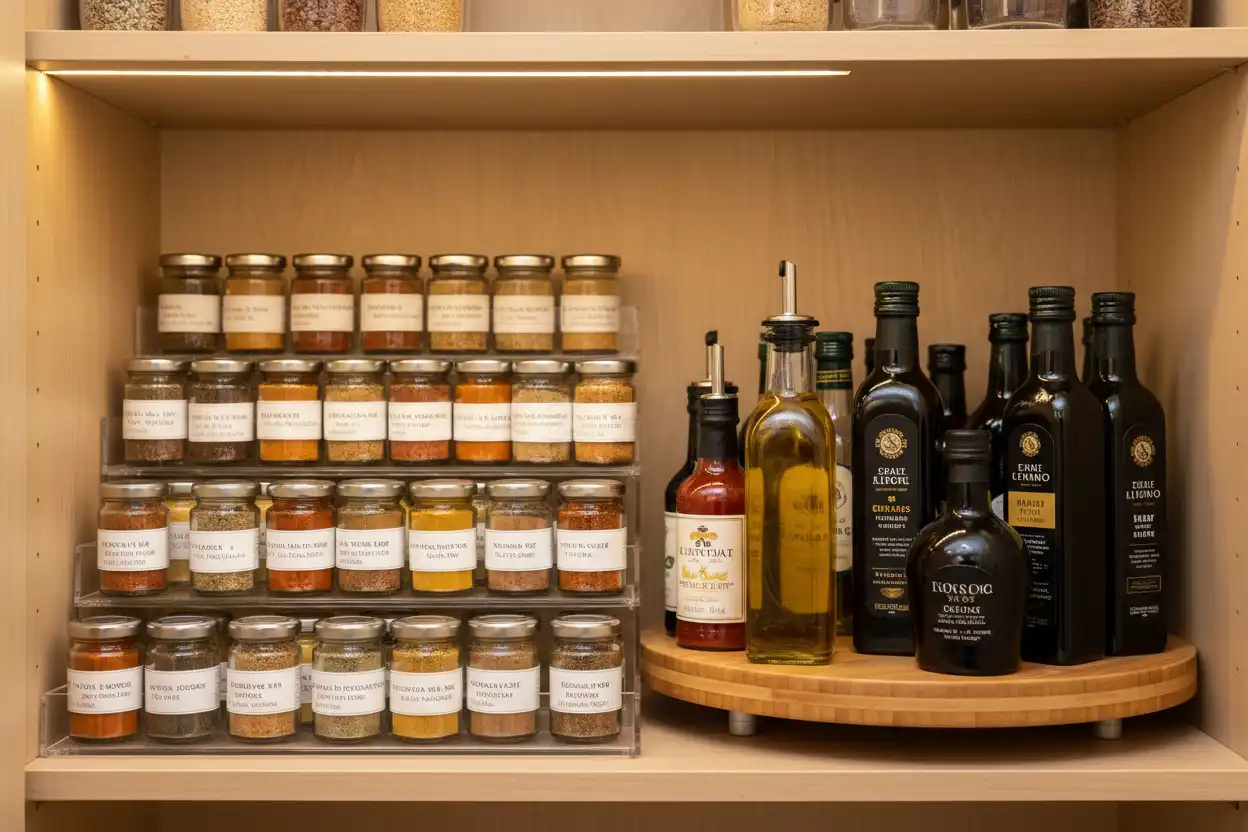 Tiered risers and lazy susans installed on deep pantry shelves