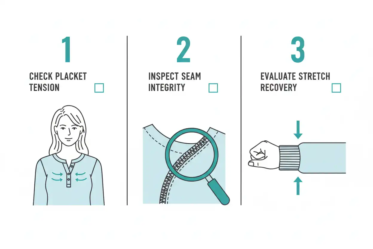Visual checklist illustrating how to test placket pull, shoulder seams, and fabric stretch recovery