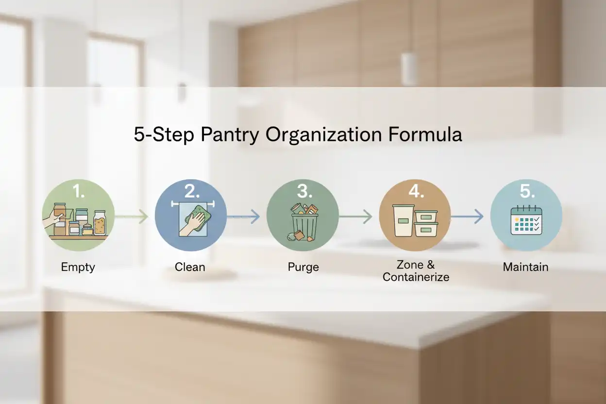 Visual flowchart showing the 5-step pantry organization workflow