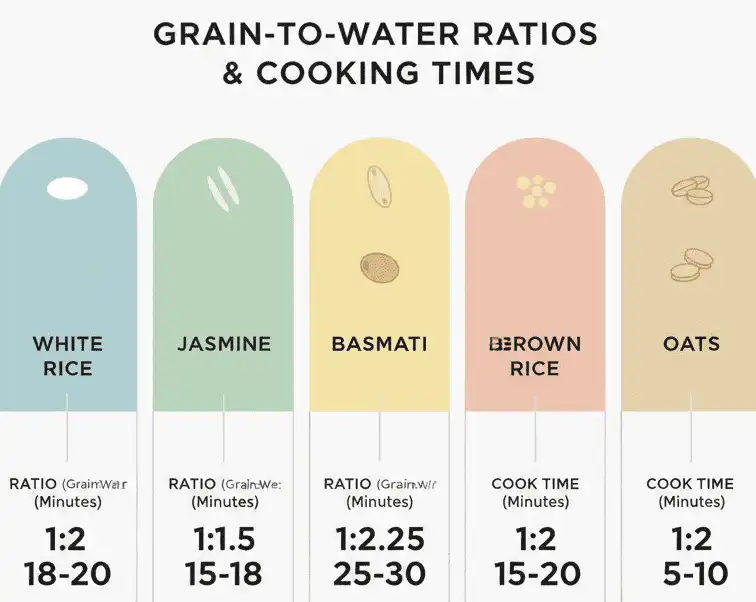 Visual summary of grain-to-water ratios and cooking times for common rice and grain varieties