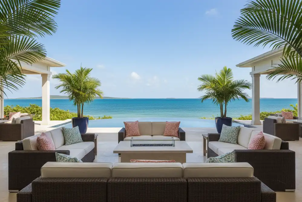 Wide-angle shot of a coastal lanai furnished with Tommy Bahama Outdoor Living deep-seating wicker sofas(1)