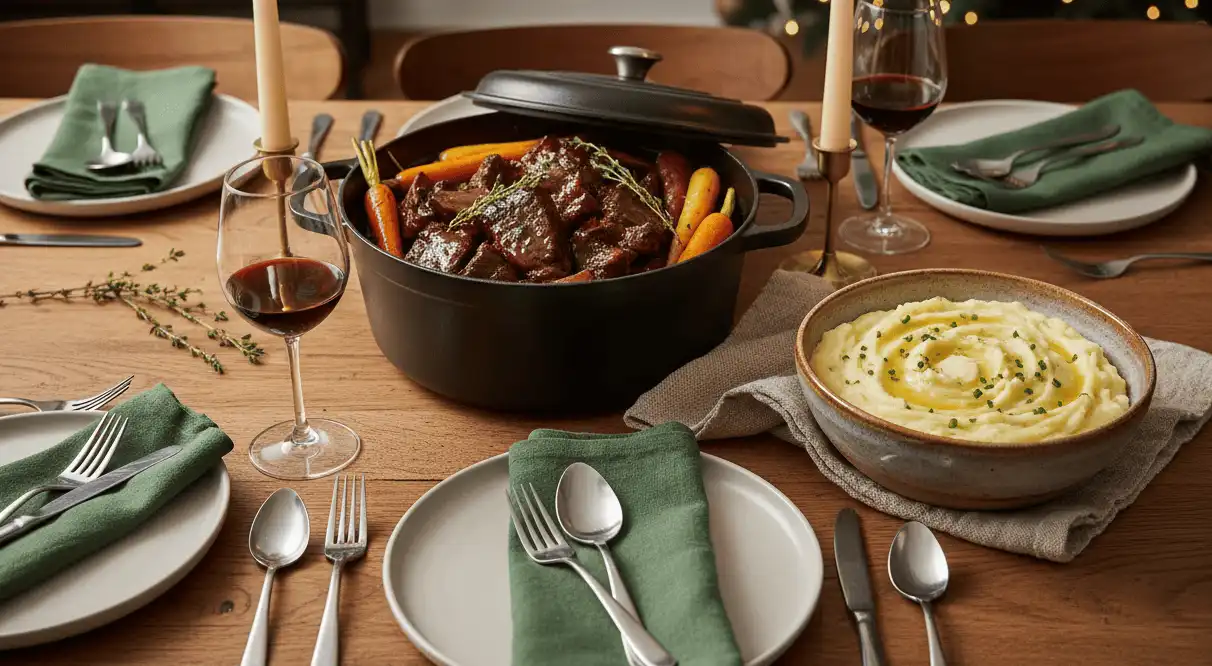 A cast-iron Dutch oven filled with braised beef short ribs resting beside a bowl of silky garlic mashed potatoes on a wooden dining table
