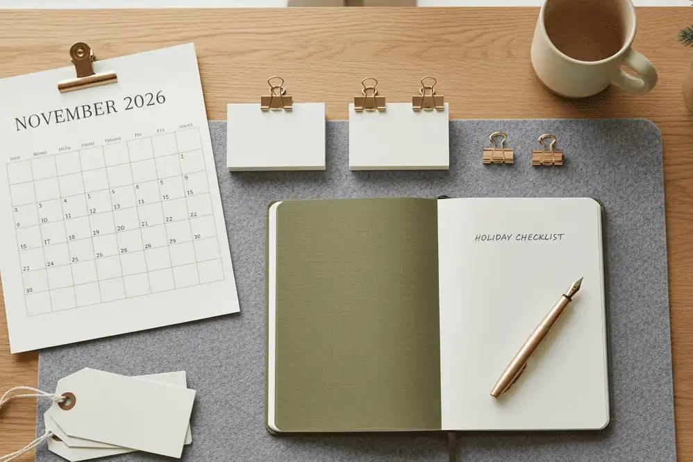A flat-lay photo of a clean holiday planning notebook, fountain pen, calendar grid, and brass binder clips on a wooden desk