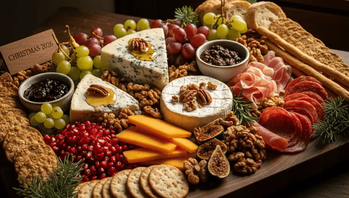 A modern wooden grazing board styled with assorted artisanal cheeses, pomegranate seeds, sprigs of rosemary, and seeded crackers