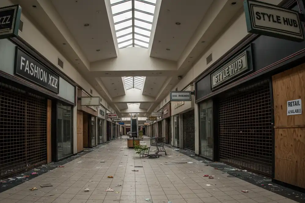 Archival photograph of a bustling mid-century department store floor compared to a modern streamlined boutique