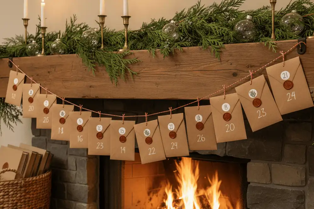 Hand-numbered kraft paper advent envelopes strung with baker's twine along a wooden mantel decorated with cedar pine branches
