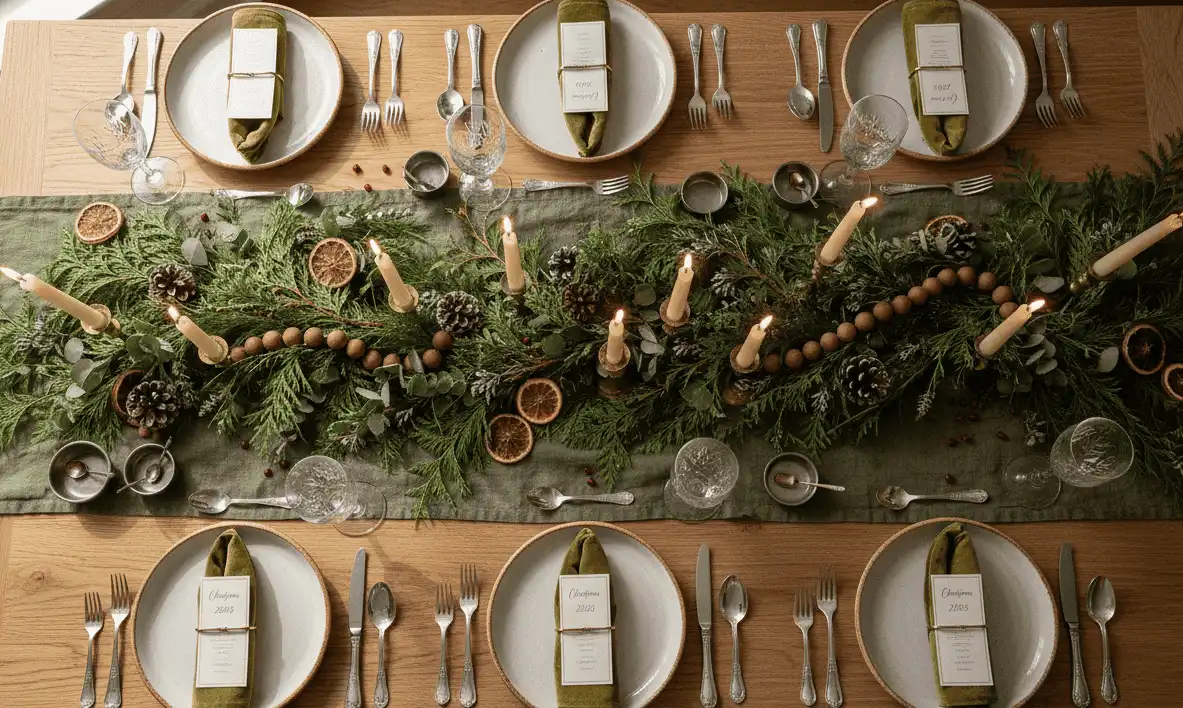 Overhead shot of an organic, cozy 2026 holiday table setting featuring textured linen, warm brass candlesticks, and real evergreen boughs