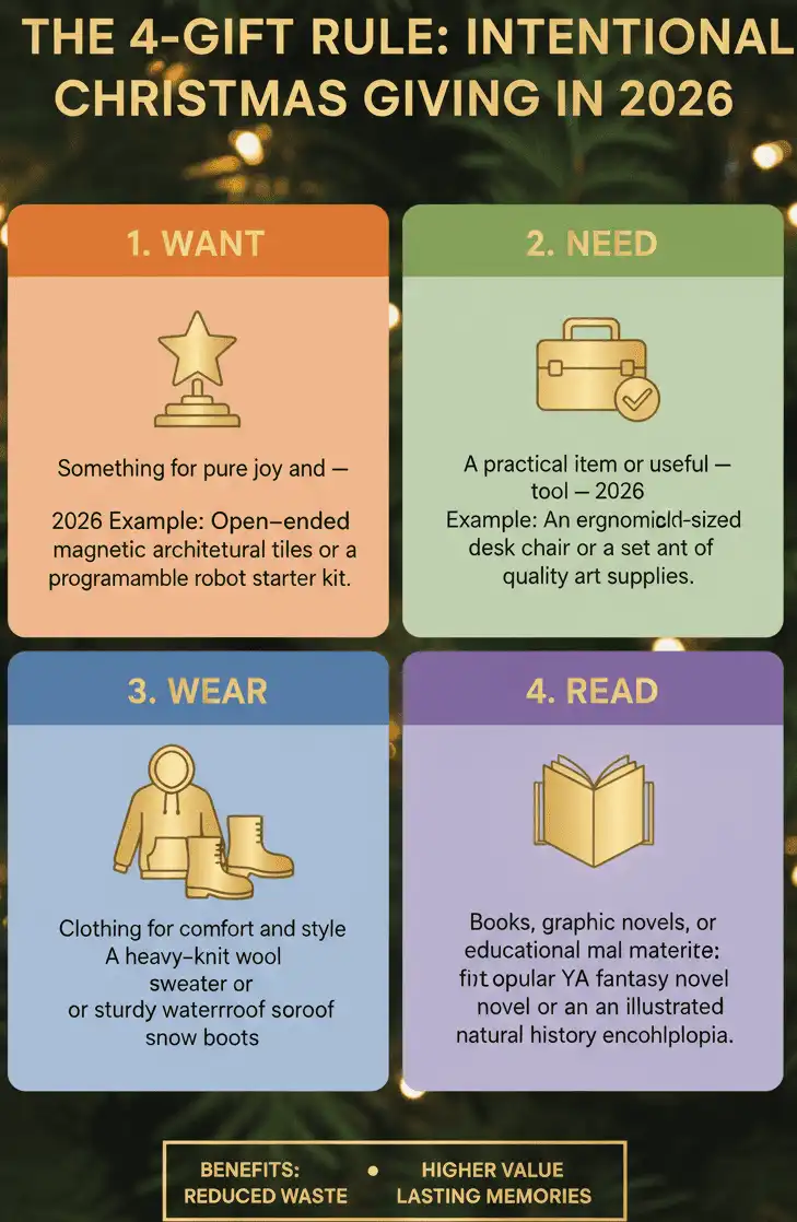 Visual guide explaining the 4-Gift Rule Want, Need, Wear, Read, with specific 2026 gift examples for each quadrant