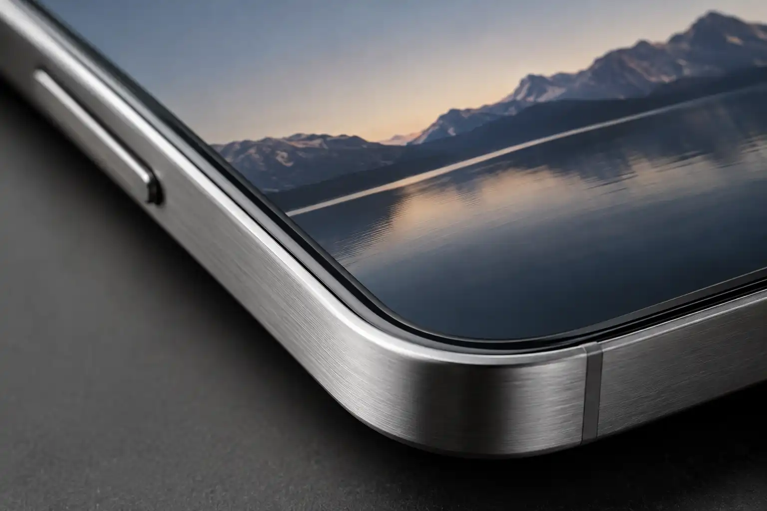 Macro close-up of the titanium finish and bezel reduction on the iPhone 17 Pro